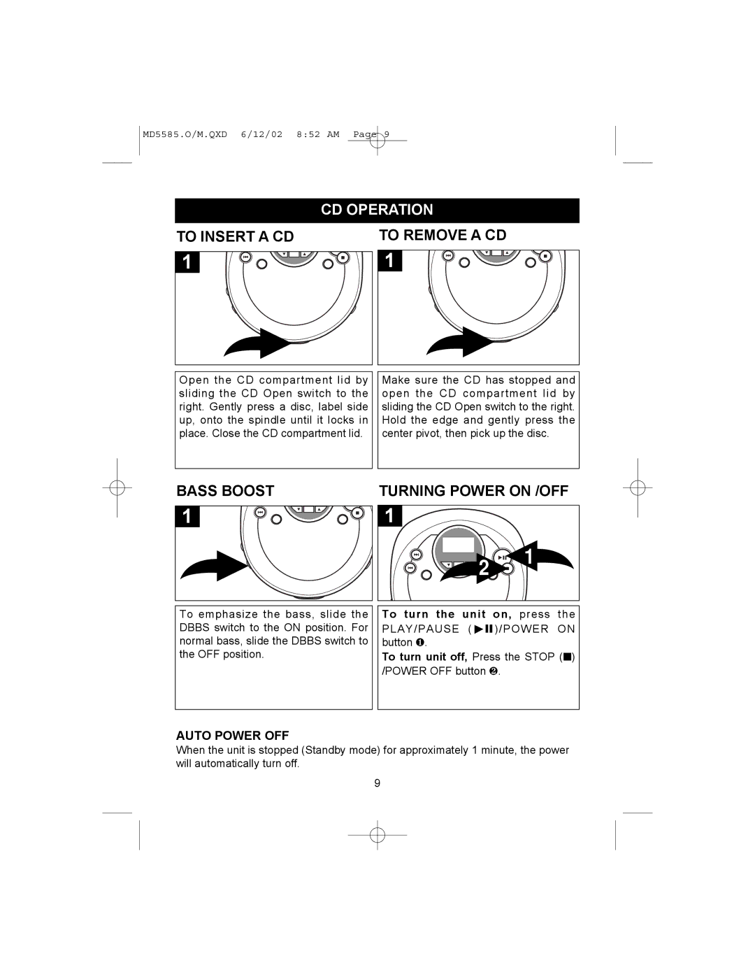 Memorex MD5585 operating instructions CD Operation, To Insert a CD, Bass Boost, Auto Power OFF 