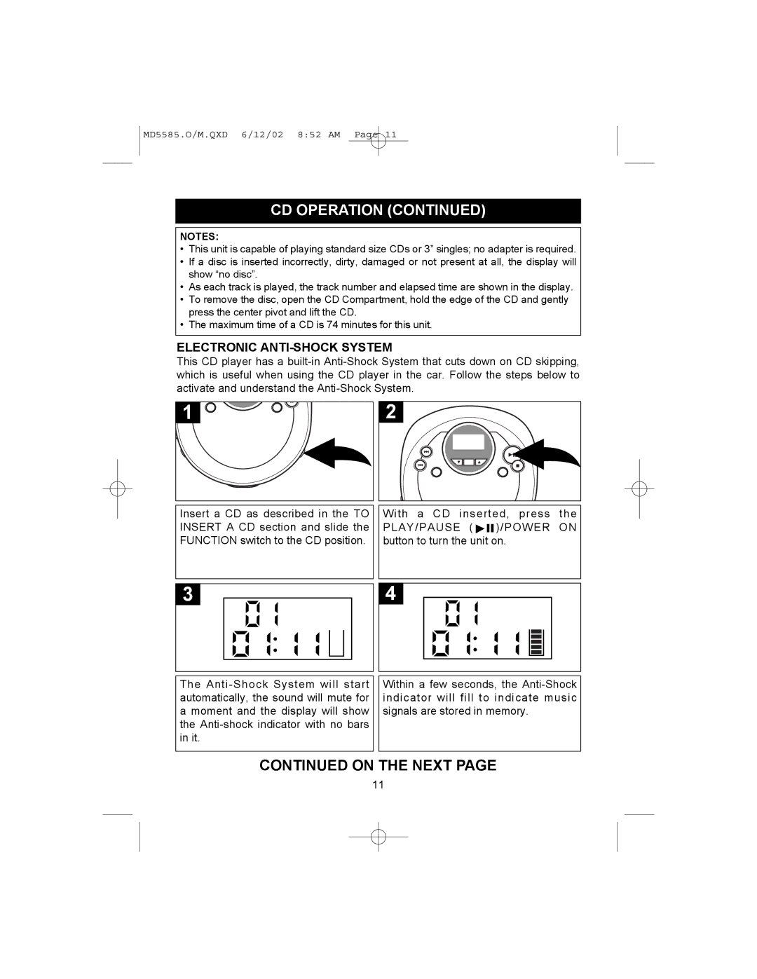 Memorex MD5585 operating instructions On the Next, Electronic ANTI-SHOCK System 