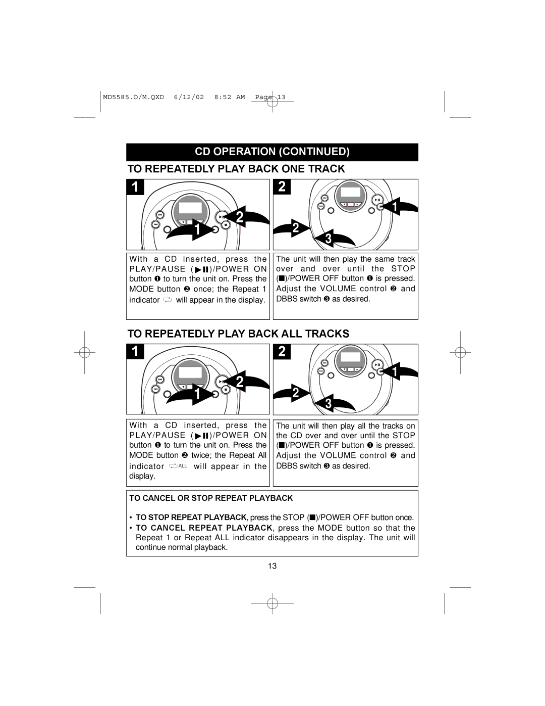 Memorex MD5585 operating instructions To Repeatedly Play Back ONE Track, To Repeatedly Play Back ALL Tracks 