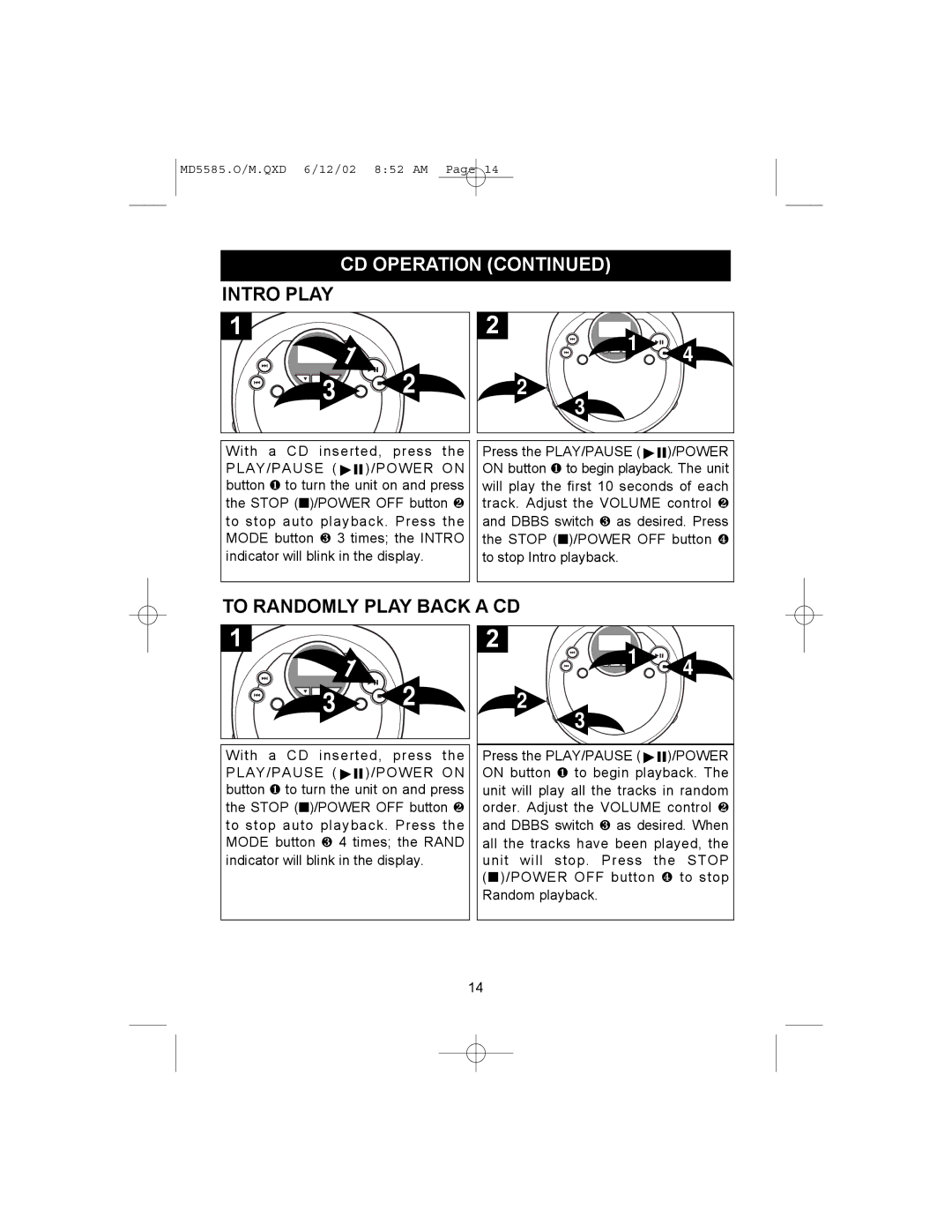 Memorex MD5585 operating instructions Intro Play, With a CD inserted Press 