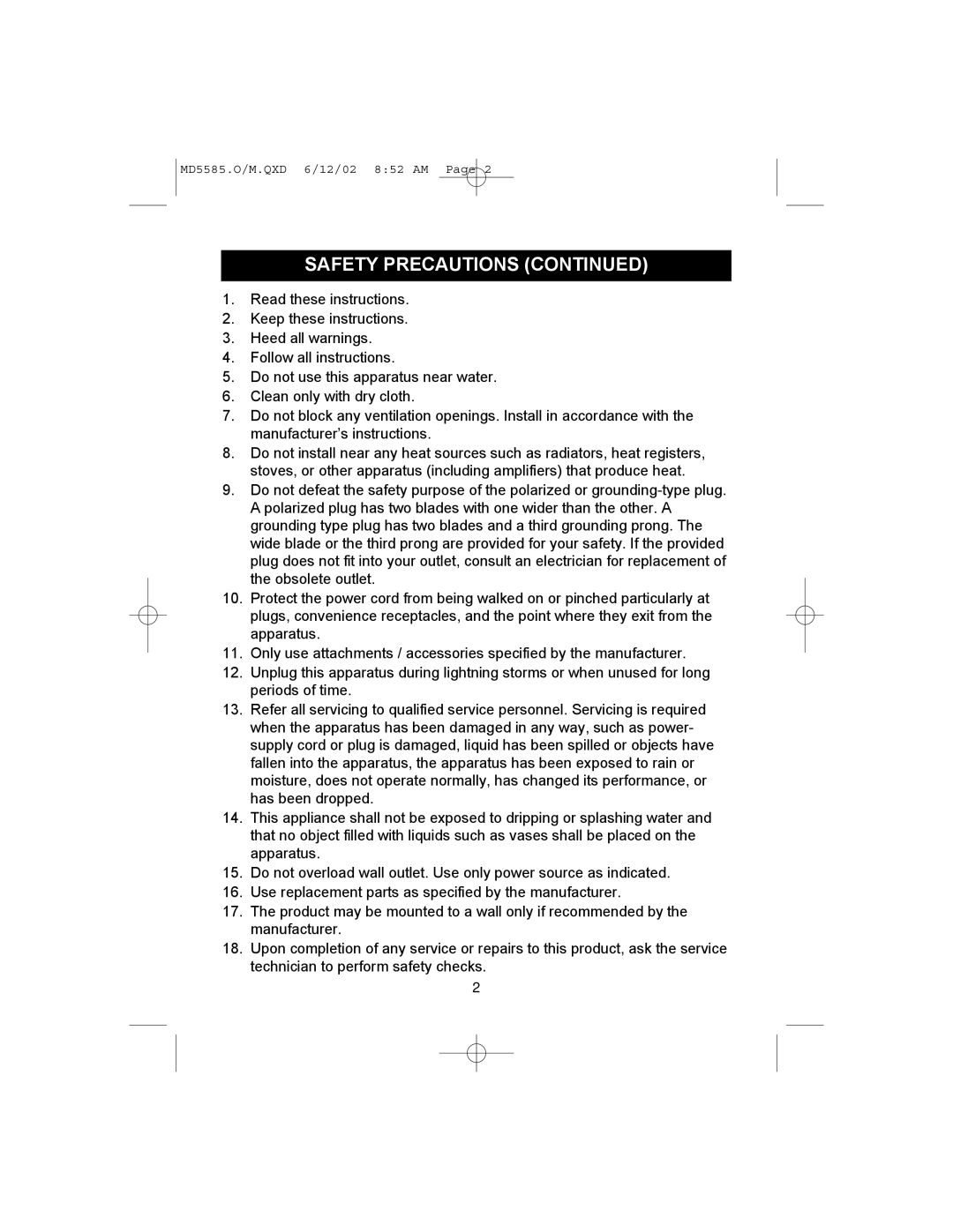 Memorex MD5585 operating instructions Safety Precautions 