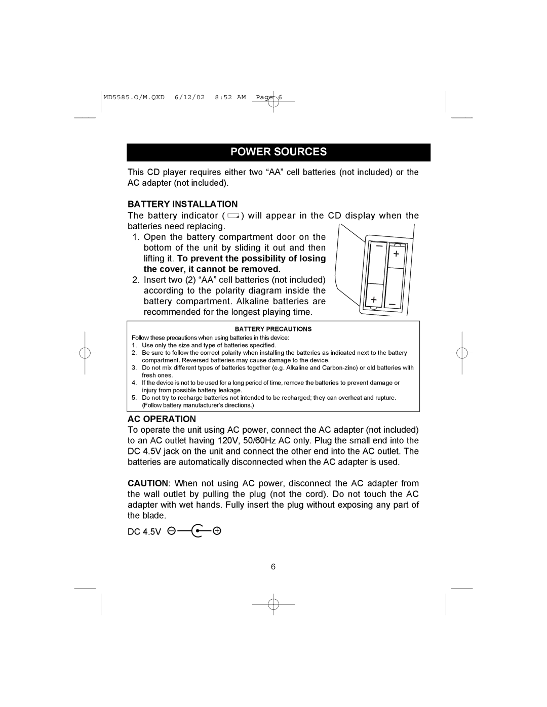 Memorex MD5585 operating instructions Power Sources, Battery Installation, AC Operation 