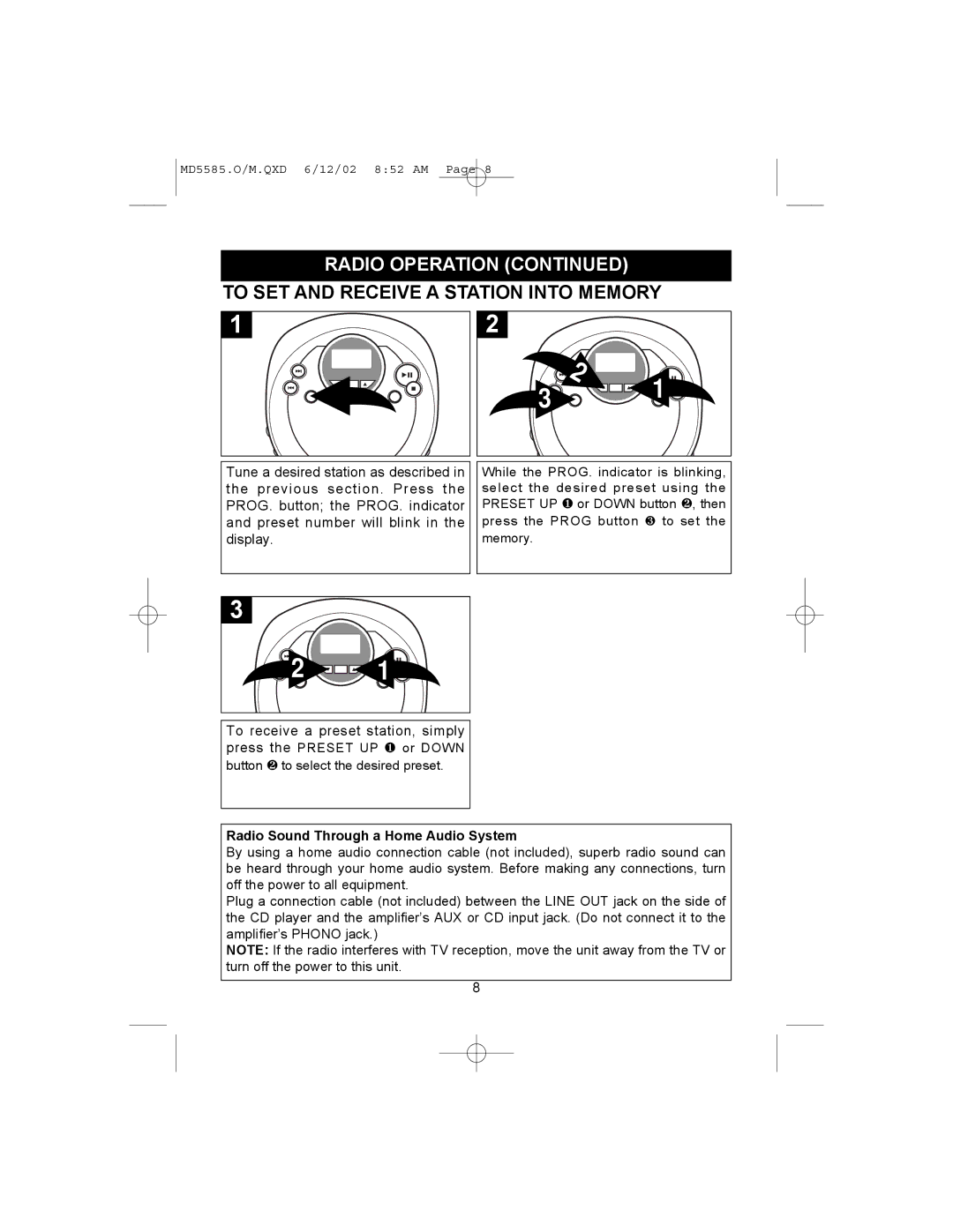 Memorex MD5585 operating instructions Radio Operation, To SET and Receive a Station Into Memory 