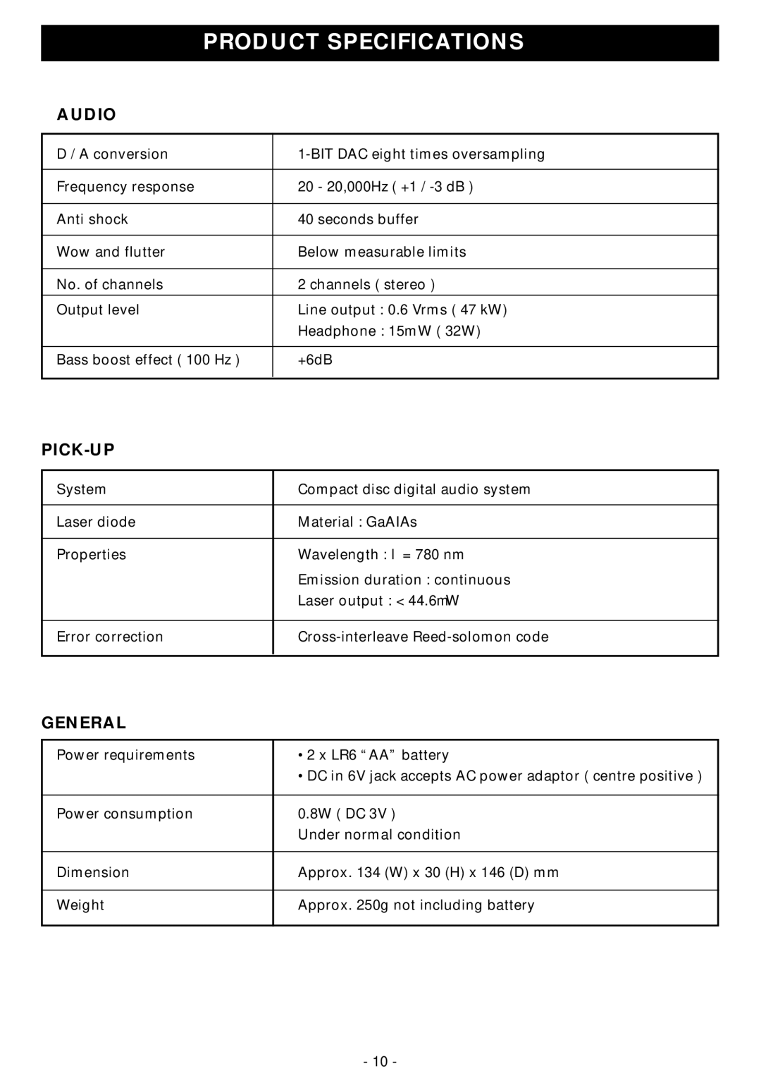 Memorex MD6440cp manual Product Specificationsde, Audio, Pick-Up, General 