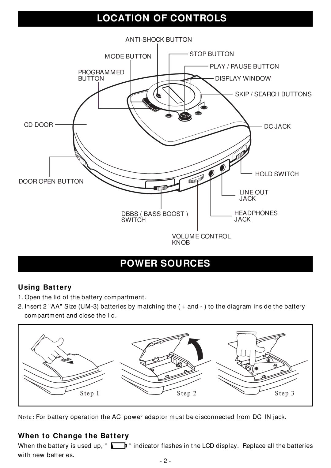 Memorex MD6440cp manual Location of Controlss, Power Sources, Using Battery, When to Change the Battery 