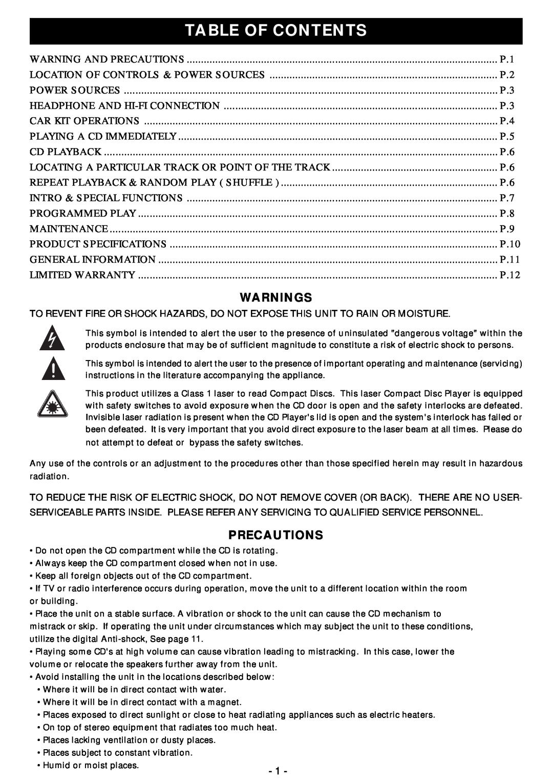 Memorex MD6440cp manual Table Of Contents, Warnings, Precautions, P.10, P.11, P.12 