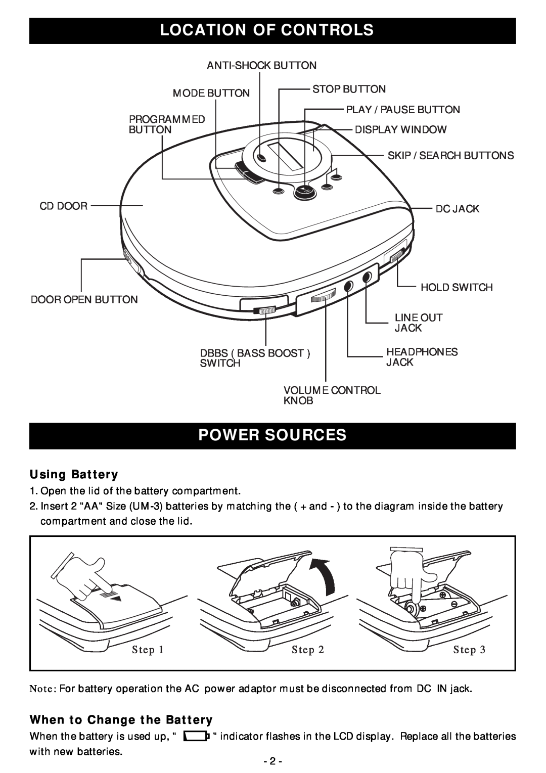 Memorex MD6440cp manual Location Of Controlss, Power Sources, Using Battery, When to Change the Battery, Step 