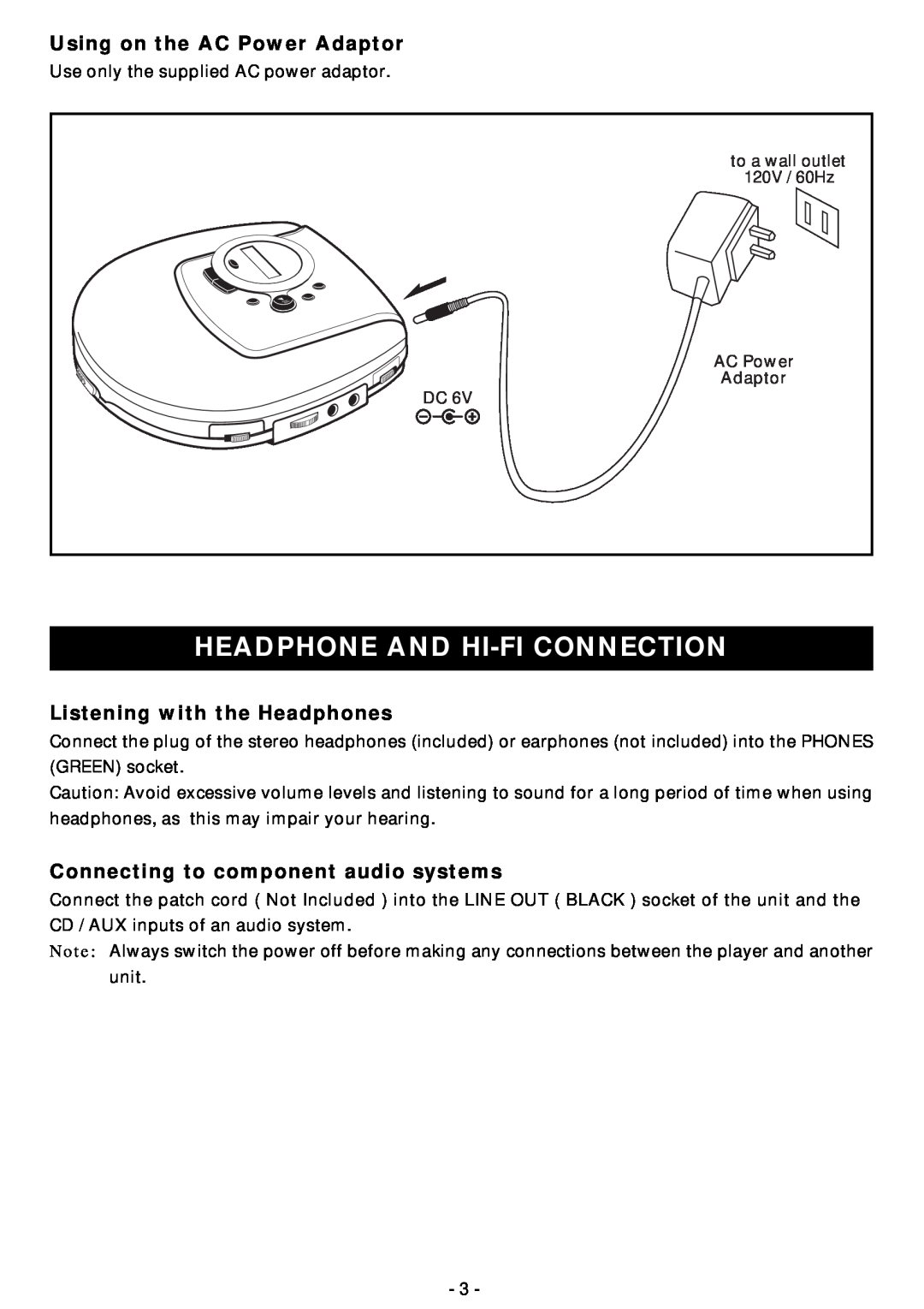 Memorex MD6440cp manual Headphone And Hi-Ficonnection, Using on the AC Power Adaptor, Listening with the Headphones 