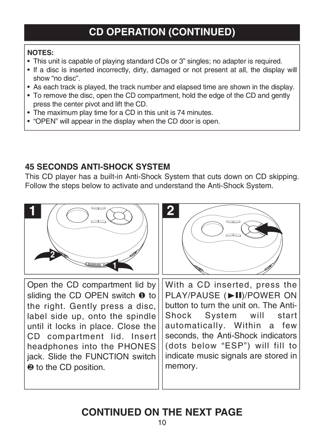 Memorex MD6441 manual On the Next, Seconds ANTI-SHOCK System 