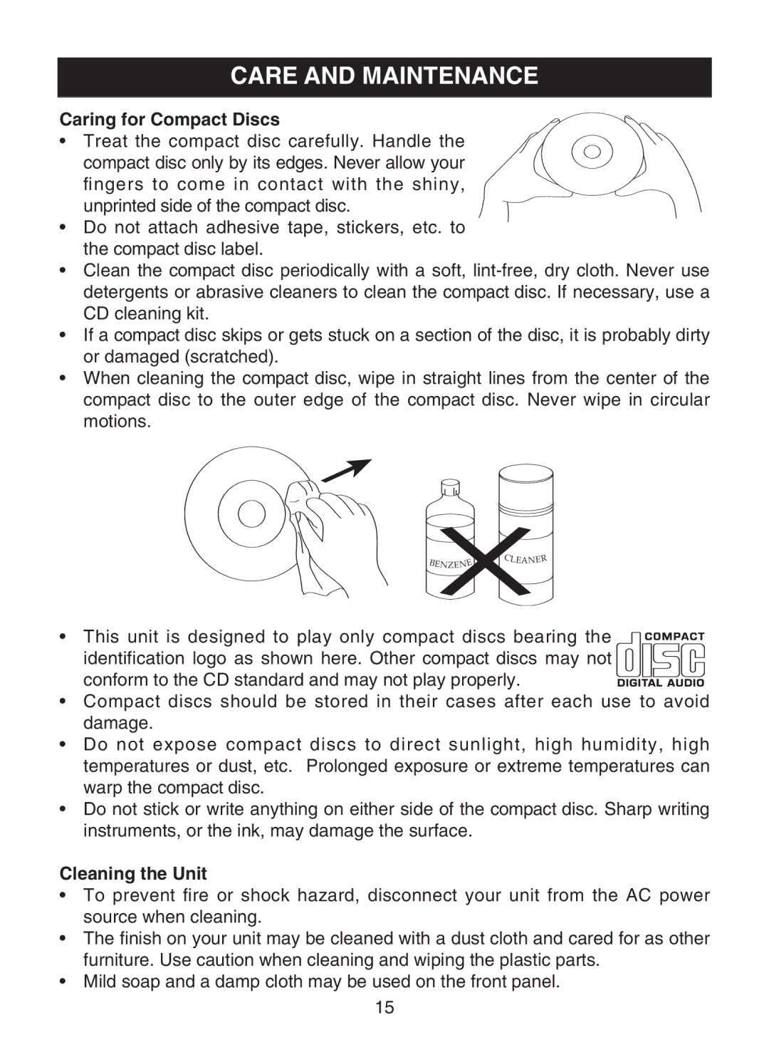 Memorex MD6441 manual Care and Maintenance, Caring for Compact Discs 