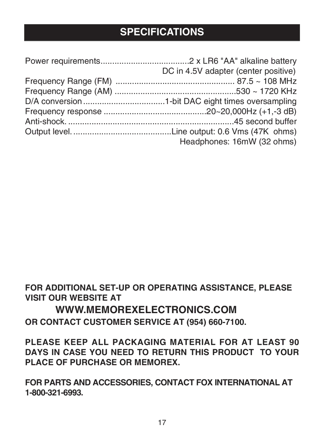 Memorex MD6441 manual Specifications 