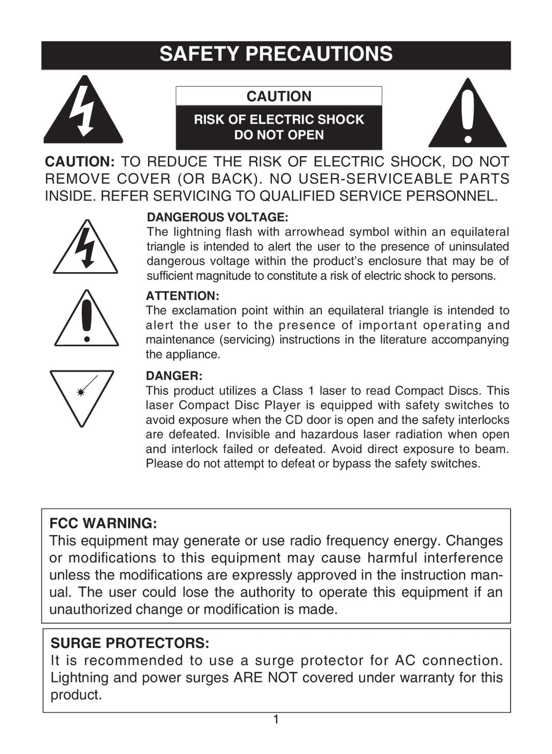 Memorex MD6441 manual FCC Warning, Surge Protectors 