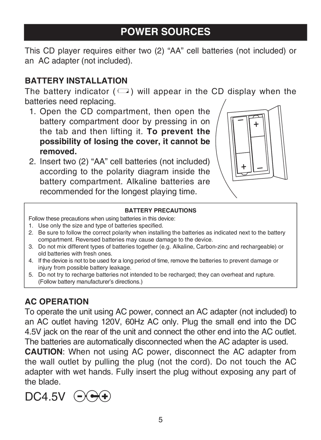 Memorex MD6441 manual Power Sources, Battery Installation, AC Operation 