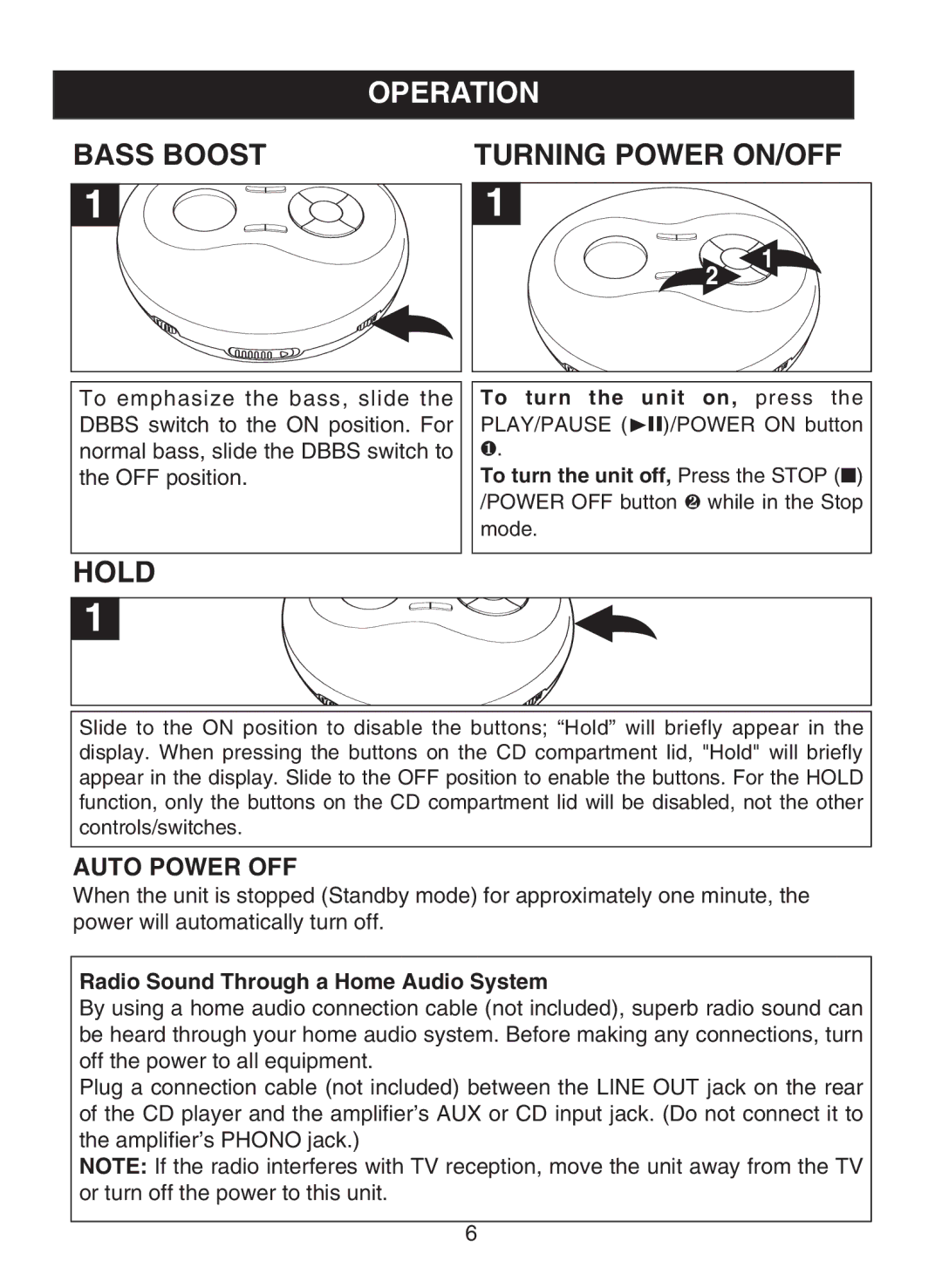 Memorex MD6441 manual Operation, Bass Boost, Hold, Auto Power OFF 