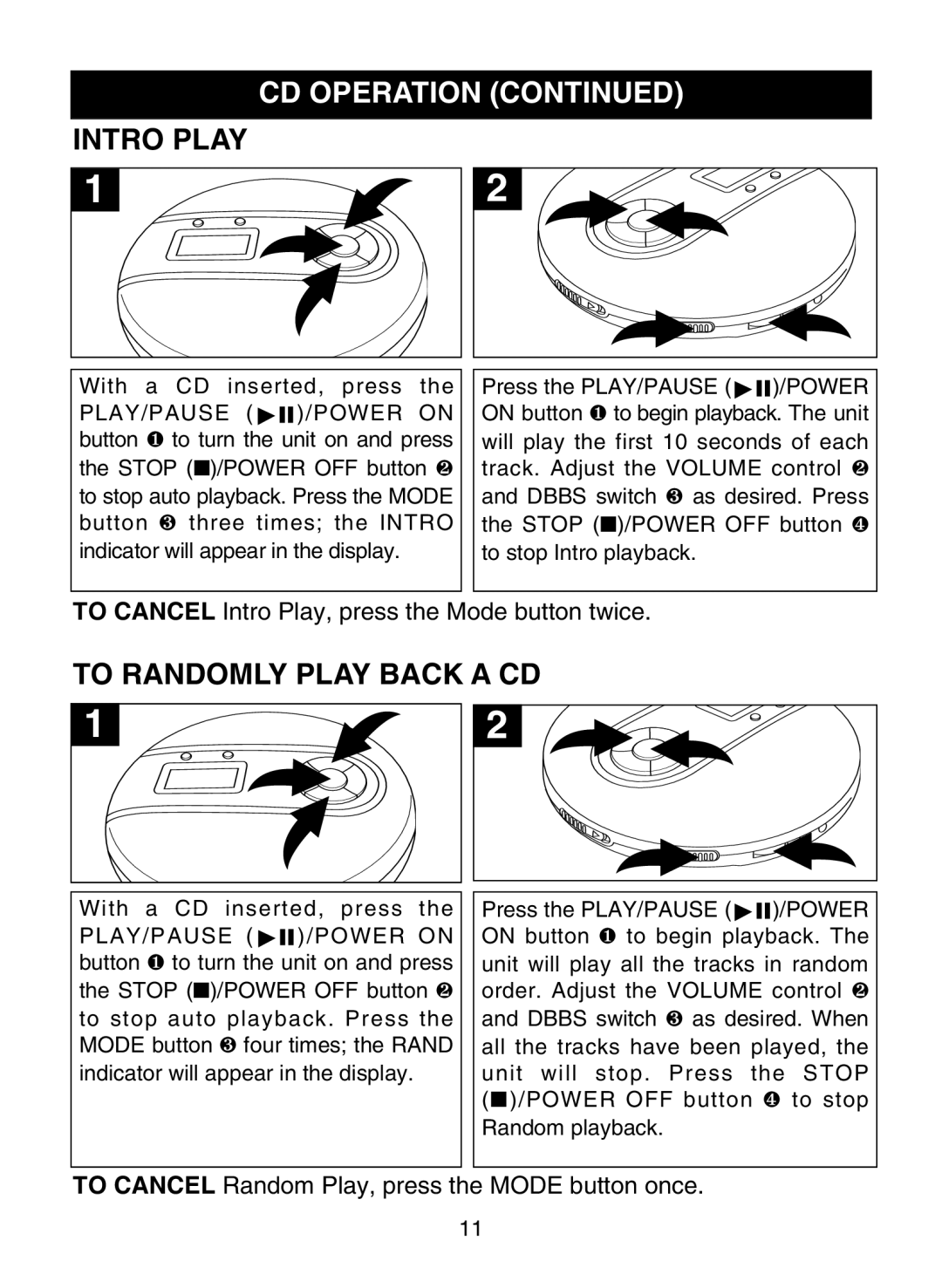 Memorex MD6443 manual Intro Play, To Randomly Play Back a CD 