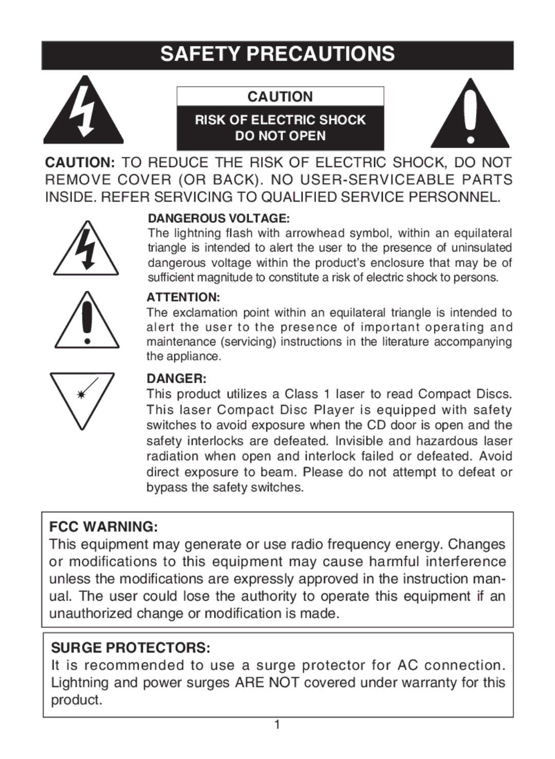 Memorex MD6443 manual FCC Warning, Surge Protectors 