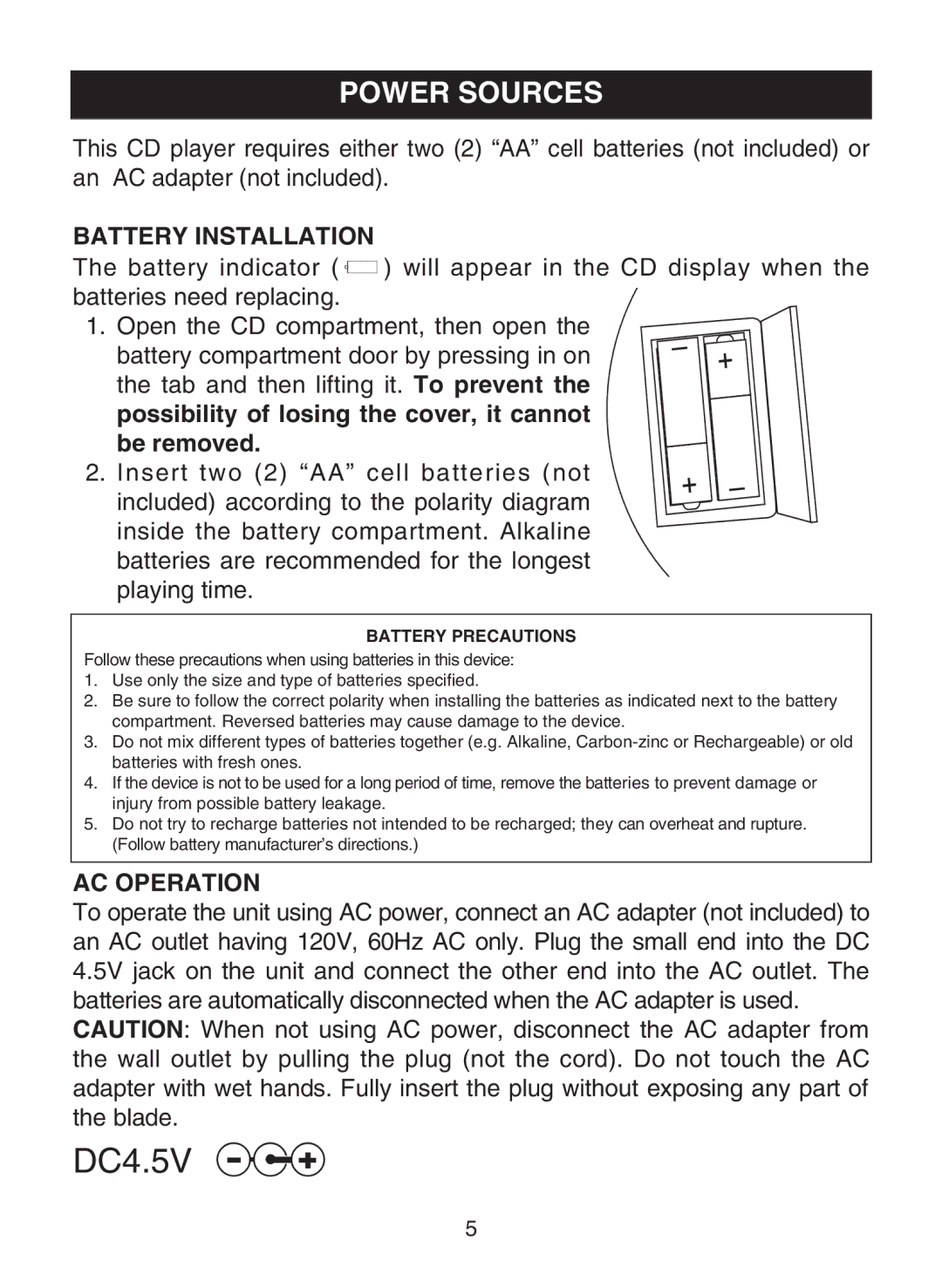 Memorex MD6443 manual Power Sources, Battery Installation, AC Operation 