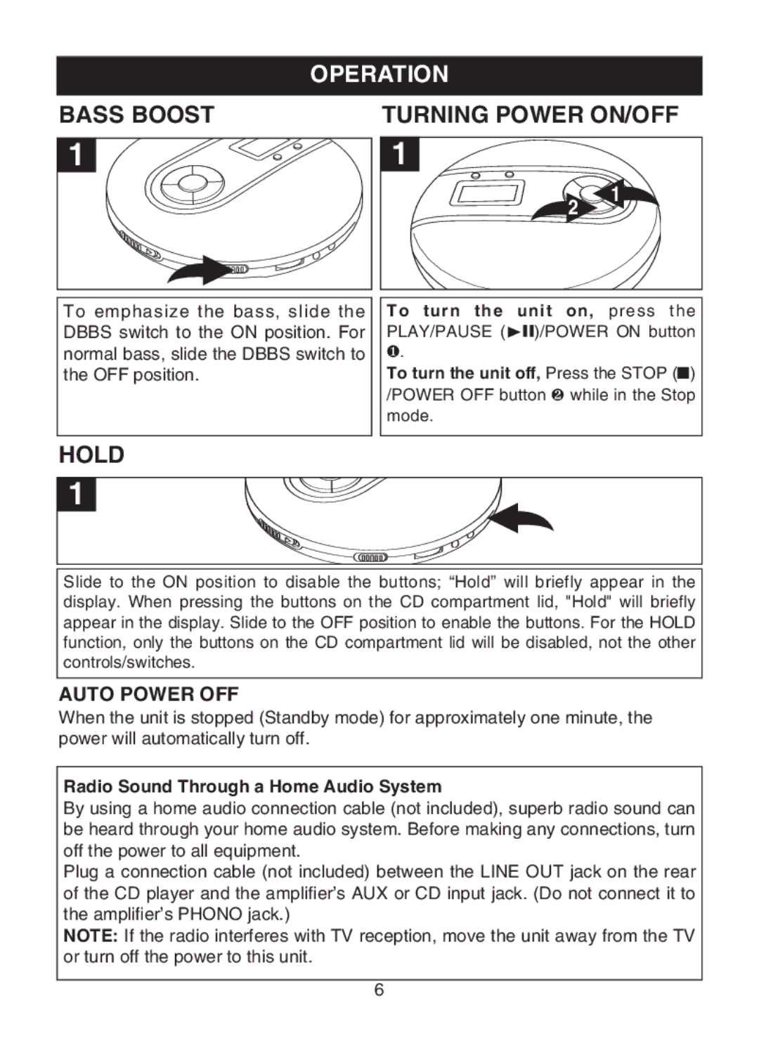 Memorex MD6443 manual Operation, Bass Boost, Hold, Auto Power OFF 