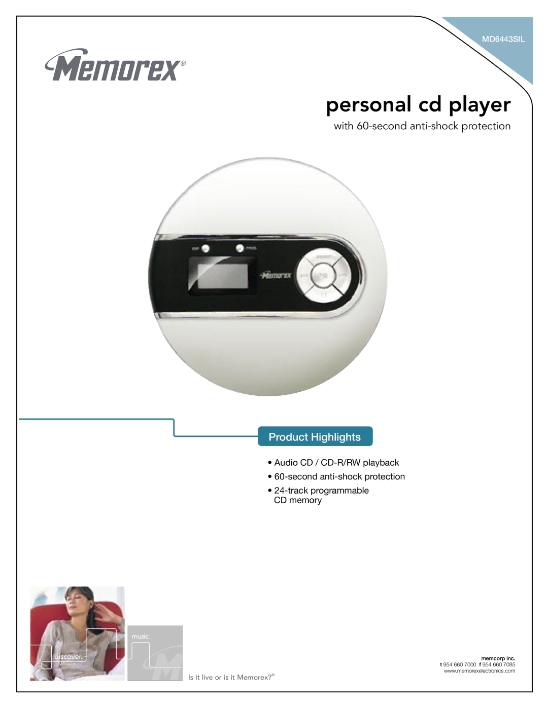 Memorex MD6443SIL manual Personal cd player, Product Highlights 