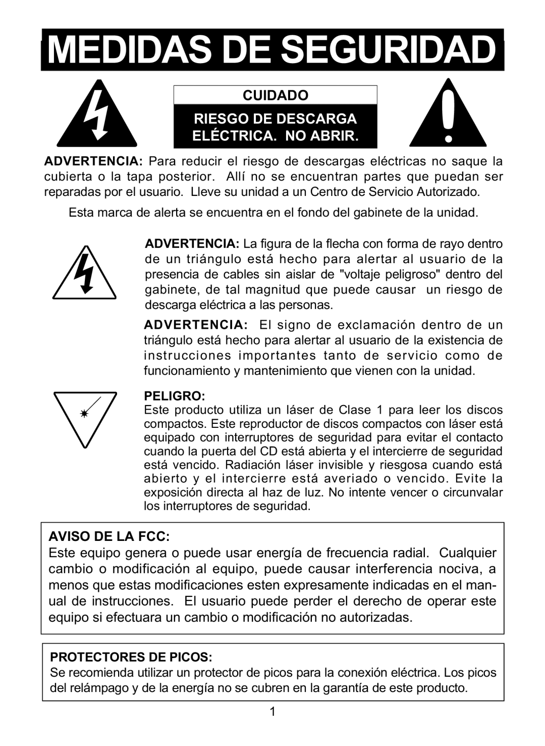 Memorex MD6447 manual Cuidado, Aviso DE LA FCC, Peligro, Protectores DE Picos 