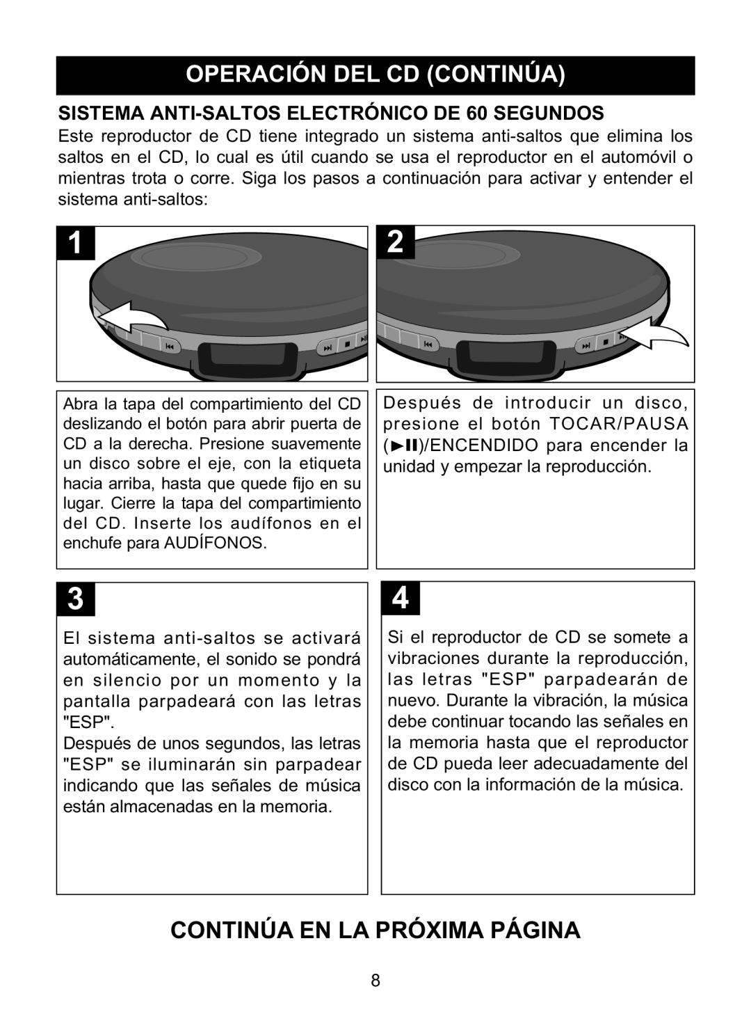 Memorex MD6447 manual Continúa EN LA Próxima Página, Encendido para encender la 