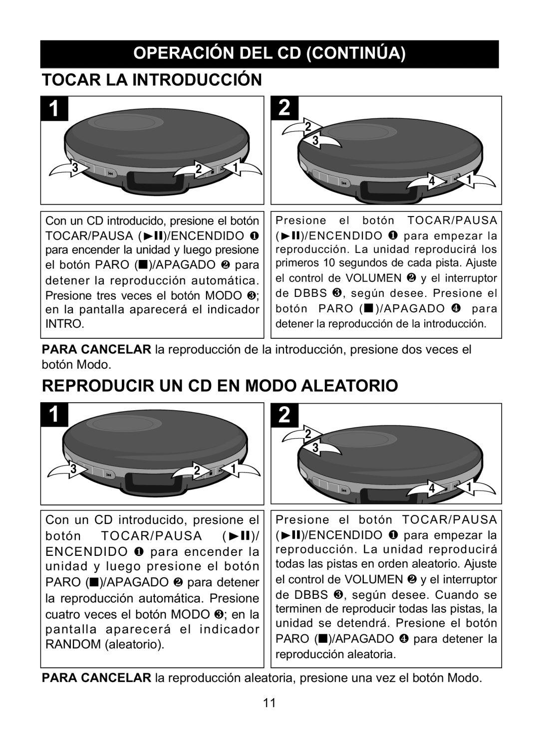 Memorex MD6447 manual Operación DEL CD Continúa Tocar LA Introducción, Tocar/Pausa 