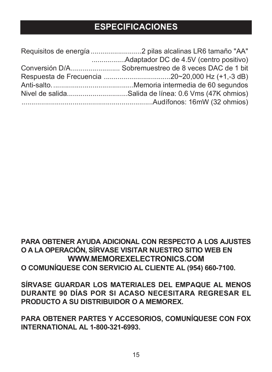 Memorex MD6447 manual Especificaciones 