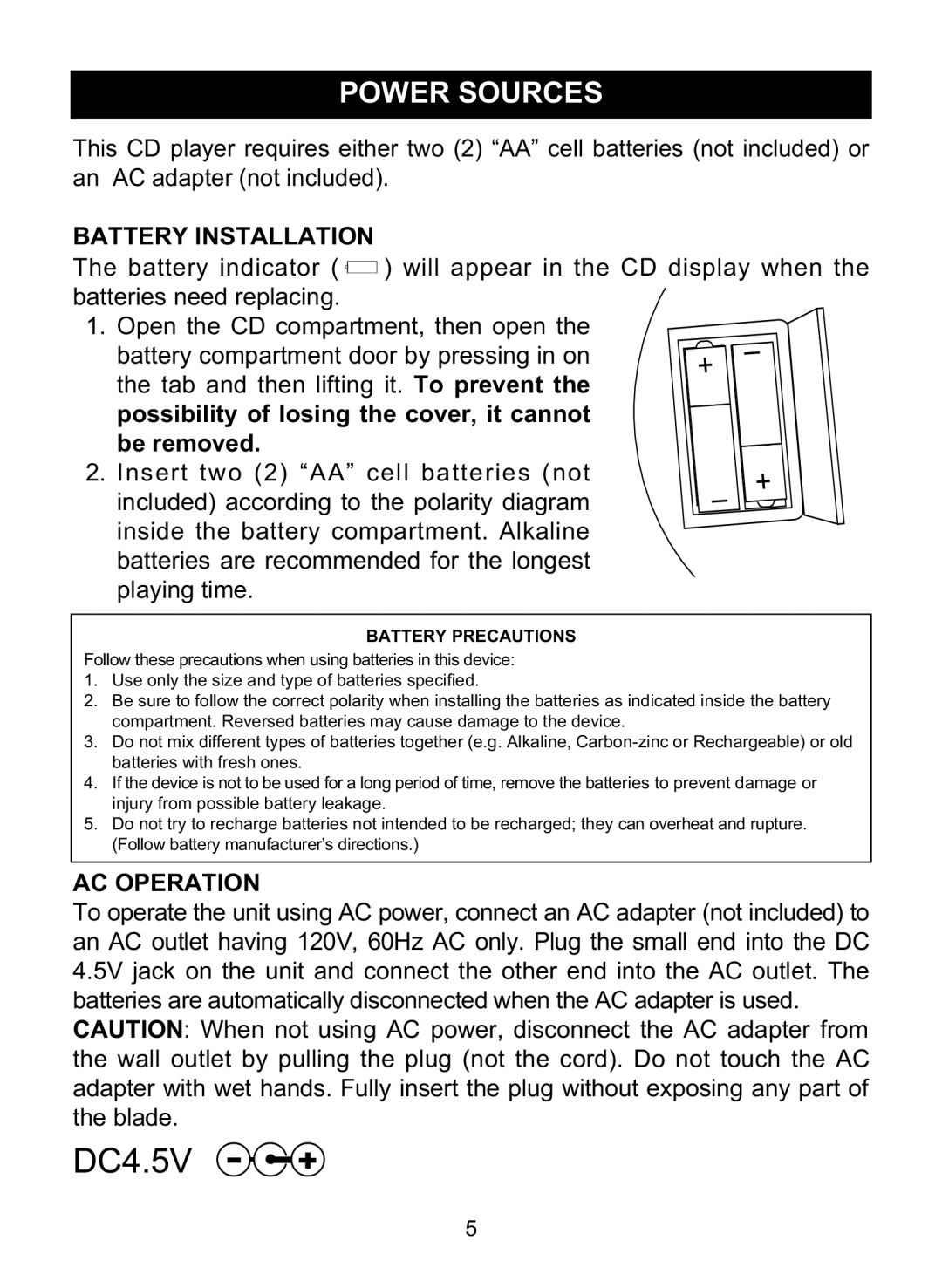 Memorex MD6447 manual Power Sources, Battery Installation, AC Operation 