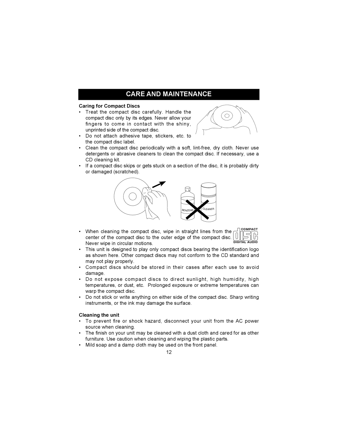 Memorex MD6456 manual Care and Maintenance, Caring for Compact Discs 