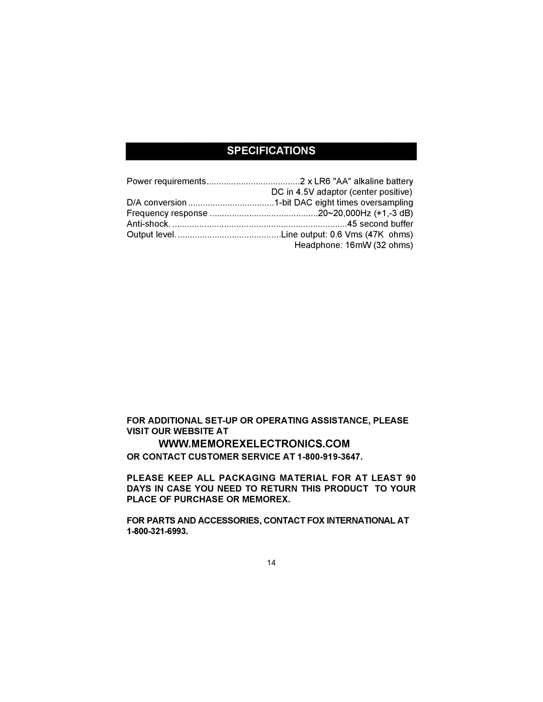 Memorex MD6456 manual Specifications 