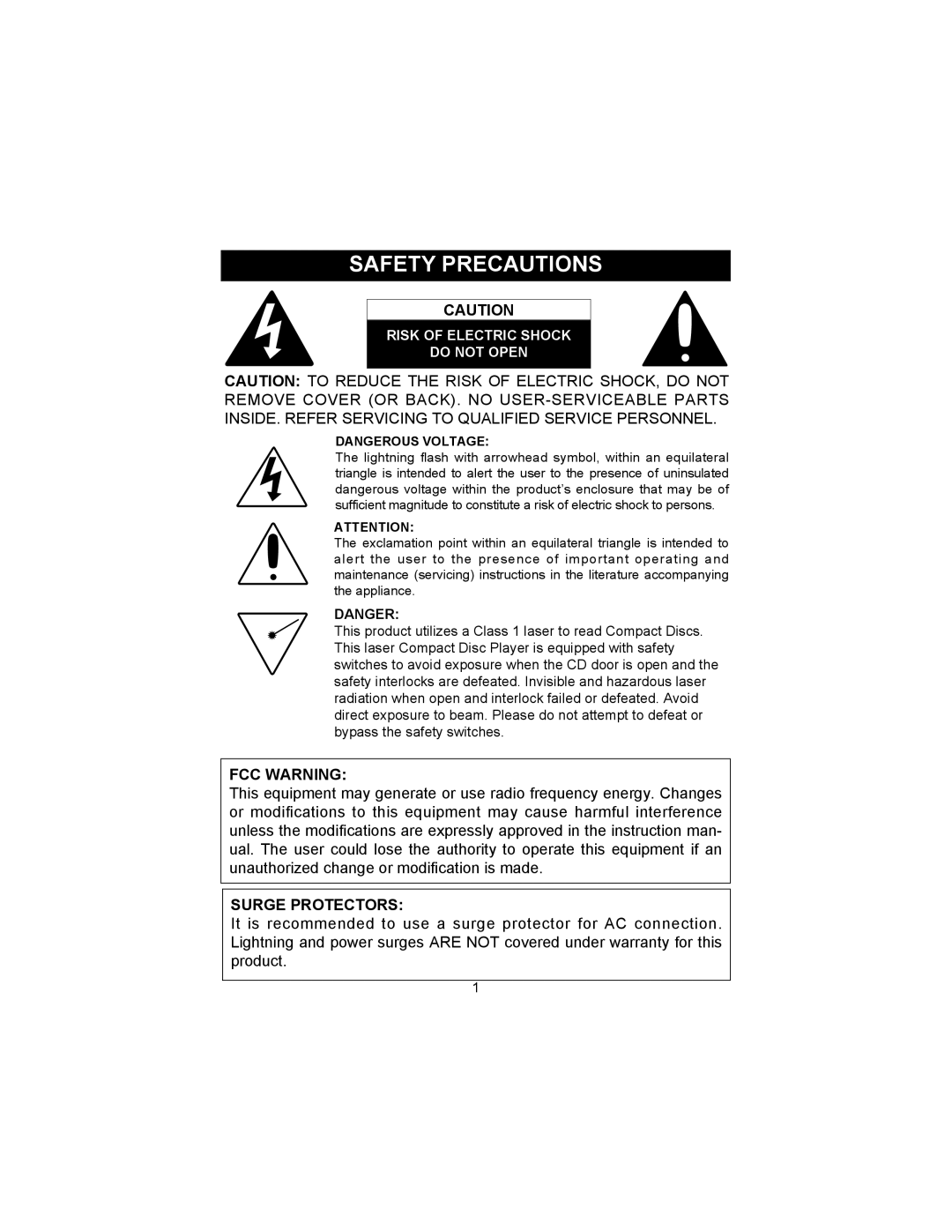 Memorex MD6456 manual FCC Warning, Surge Protectors 