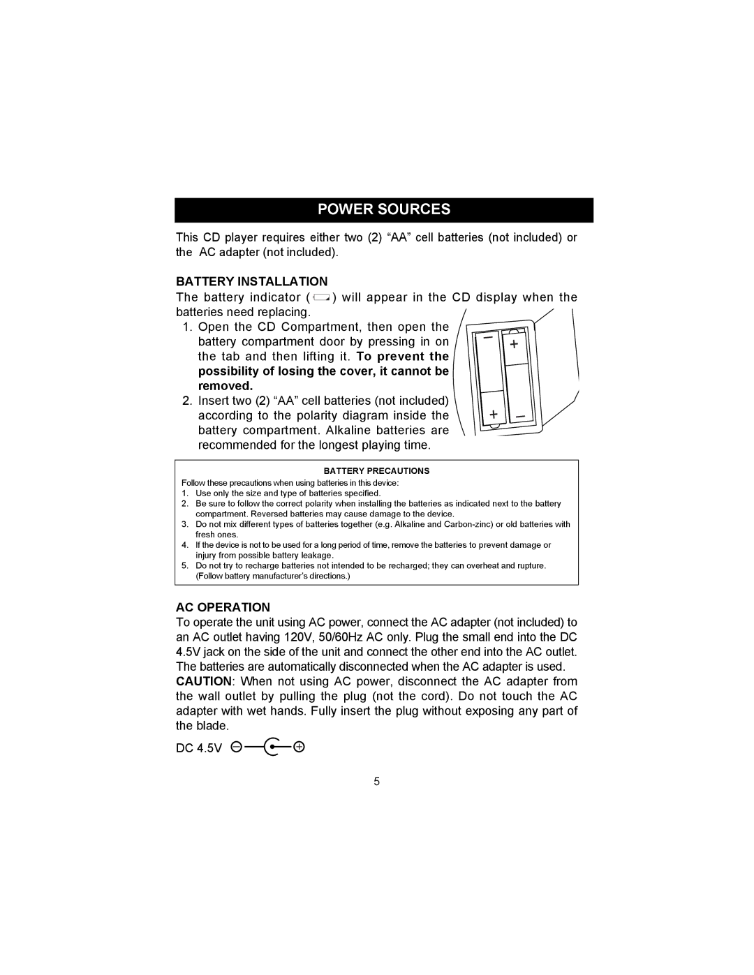 Memorex MD6456 manual Power Sources, Battery Installation, AC Operation 