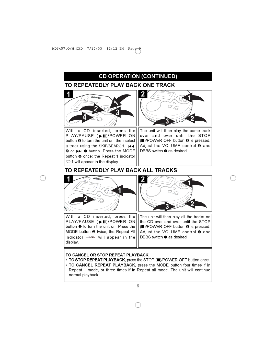 Memorex MD6457CP manual To Repeatedly Play Back ONE Track, To Repeatedly Play Back ALL Tracks 