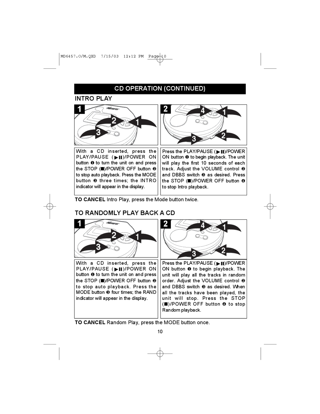 Memorex MD6457CP manual Intro Play, To Randomly Play Back a CD 