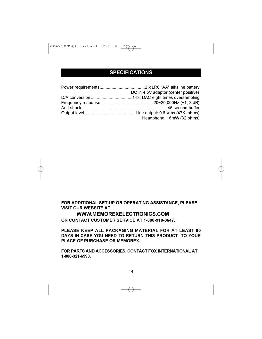 Memorex MD6457CP manual Specifications 