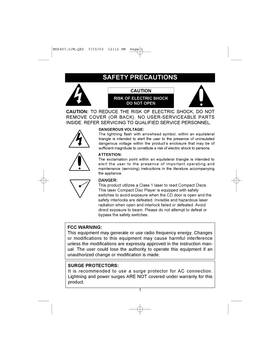 Memorex MD6457CP manual FCC Warning, Surge Protectors 