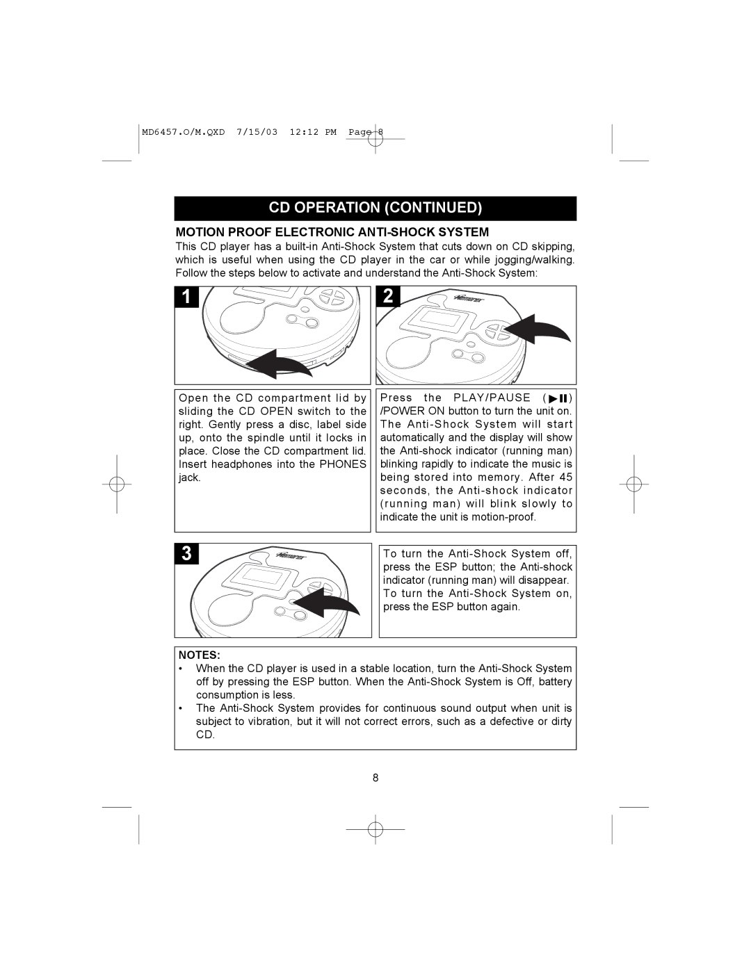 Memorex MD6457CP manual Motion Proof Electronic ANTI-SHOCK System 