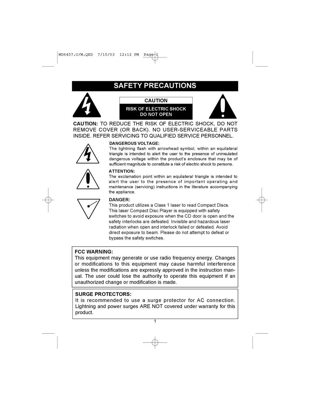 Memorex MD6457CP manual Safety Precautions, Fcc Warning, Surge Protectors 