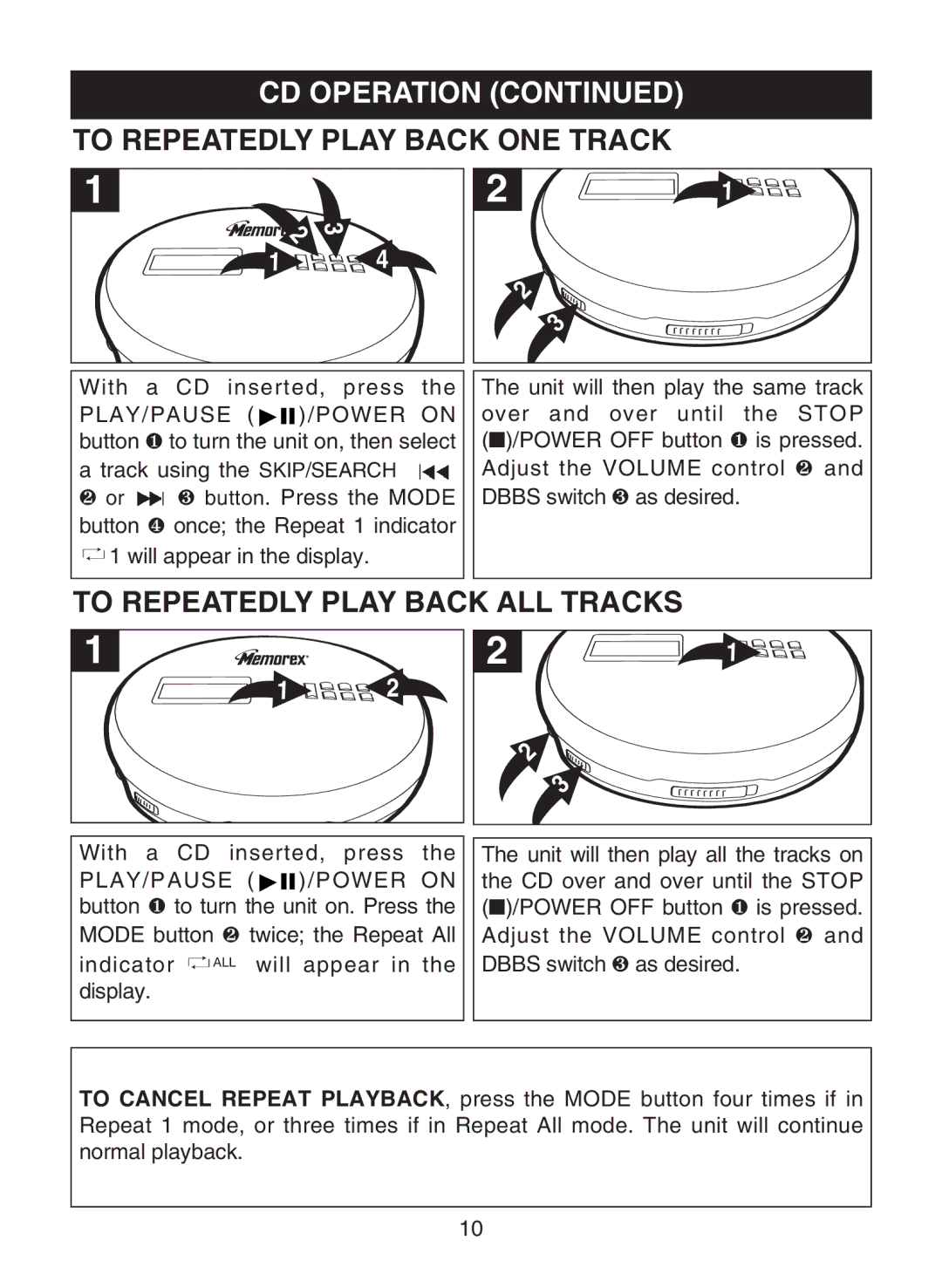 Memorex MD6459 manual To Repeatedly Play Back ONE Track, To Repeatedly Play Back ALL Tracks 