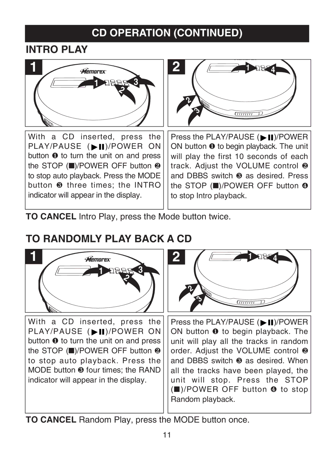 Memorex MD6459 manual Intro Play, To Randomly Play Back a CD 