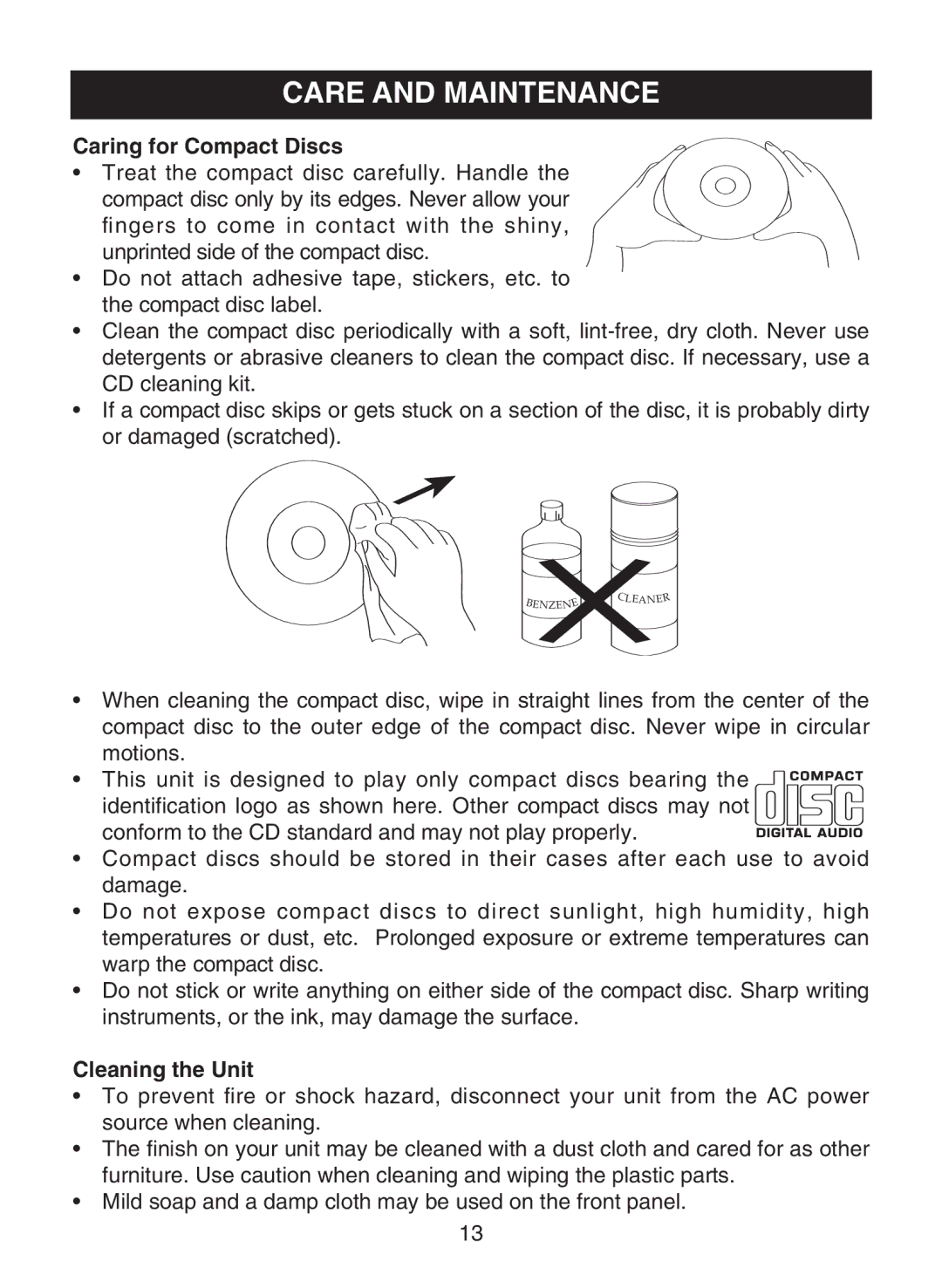 Memorex MD6459 manual Care and Maintenance, Caring for Compact Discs 