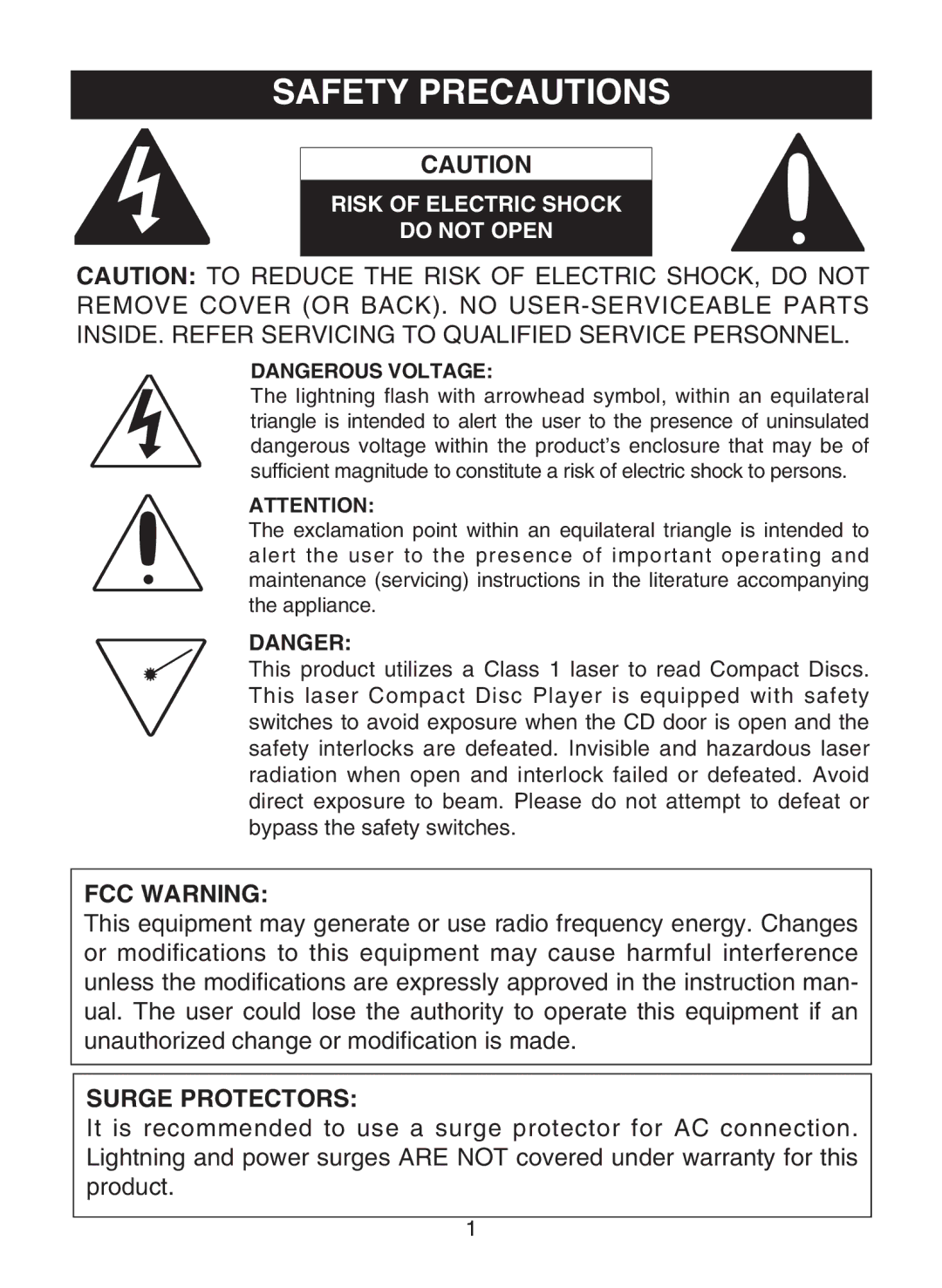 Memorex MD6459 manual FCC Warning, Surge Protectors 