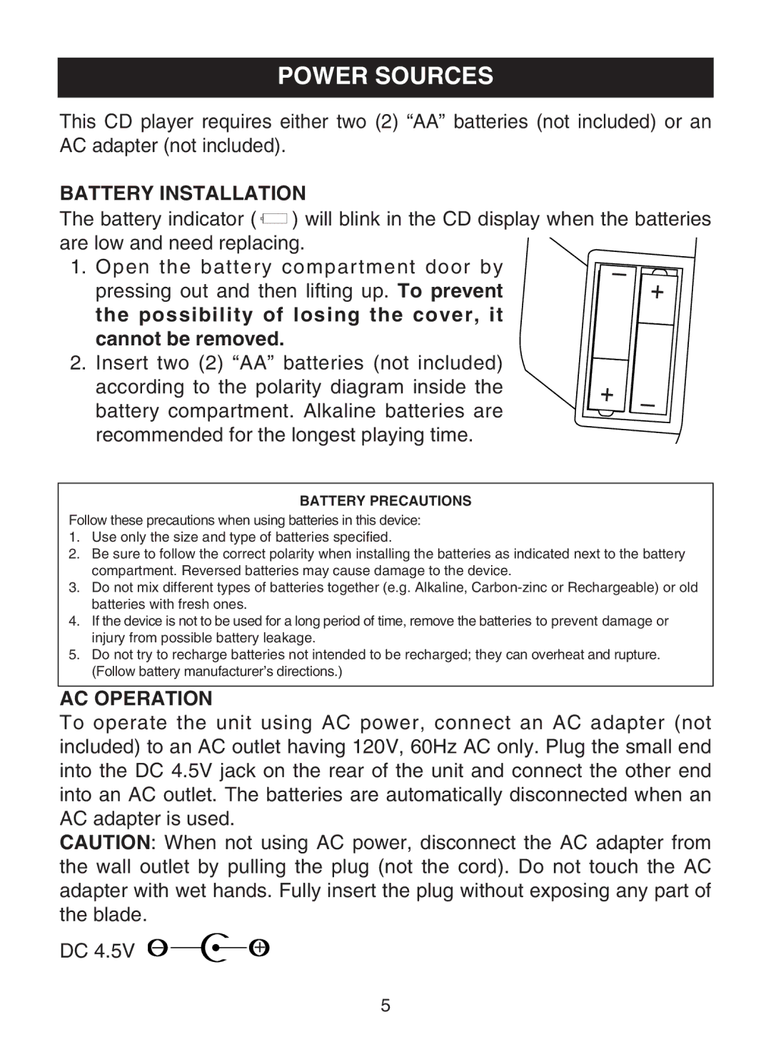 Memorex MD6459 manual Power Sources, Battery Installation, AC Operation 