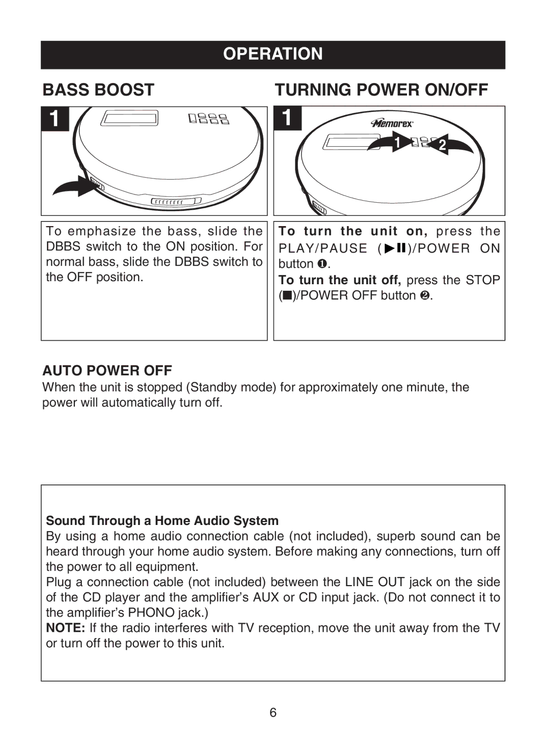 Memorex MD6459 manual Operation, Bass Boost, Auto Power OFF 