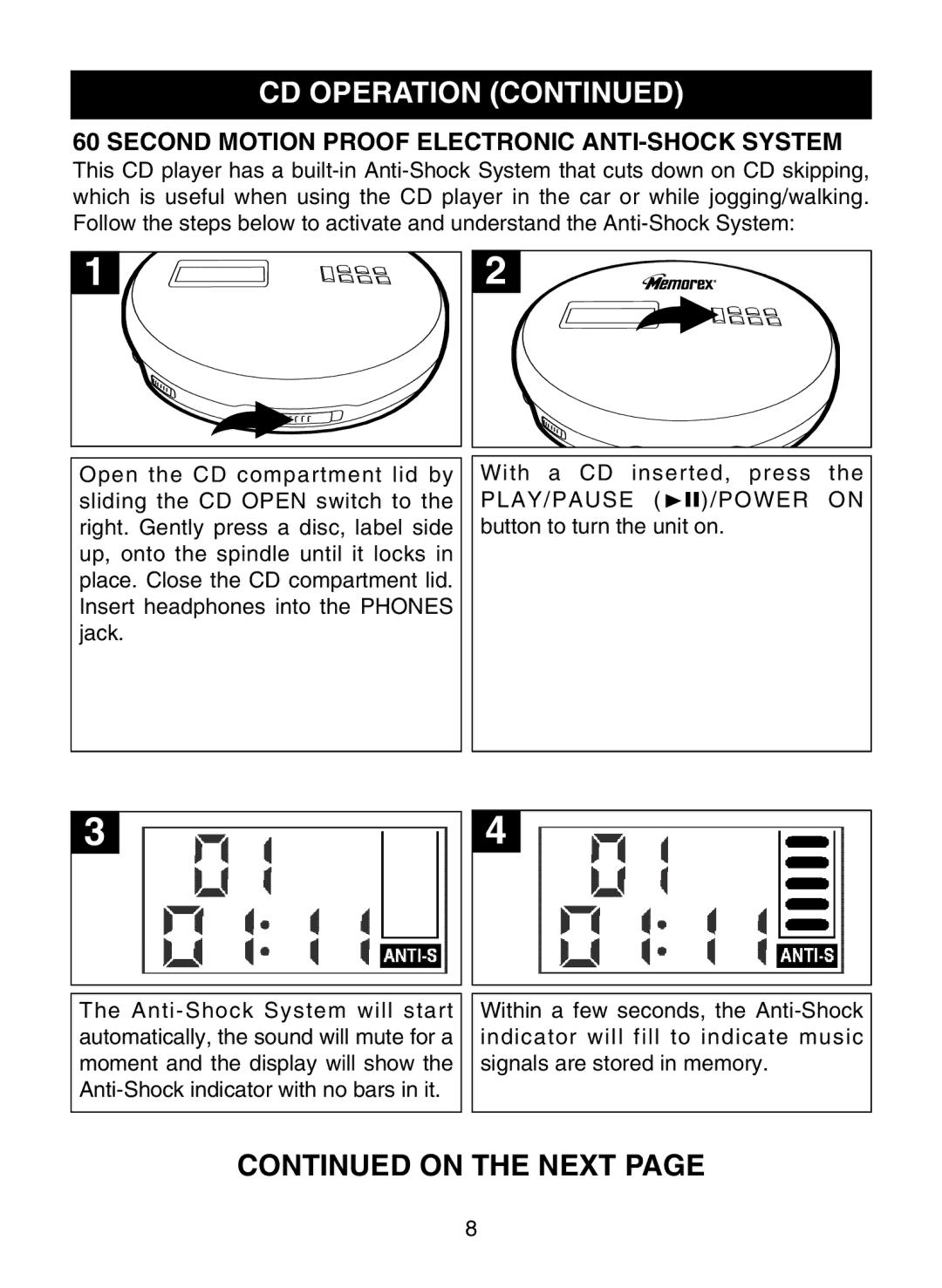 Memorex MD6459 manual On the Next, Second Motion Proof Electronic ANTI-SHOCK System 