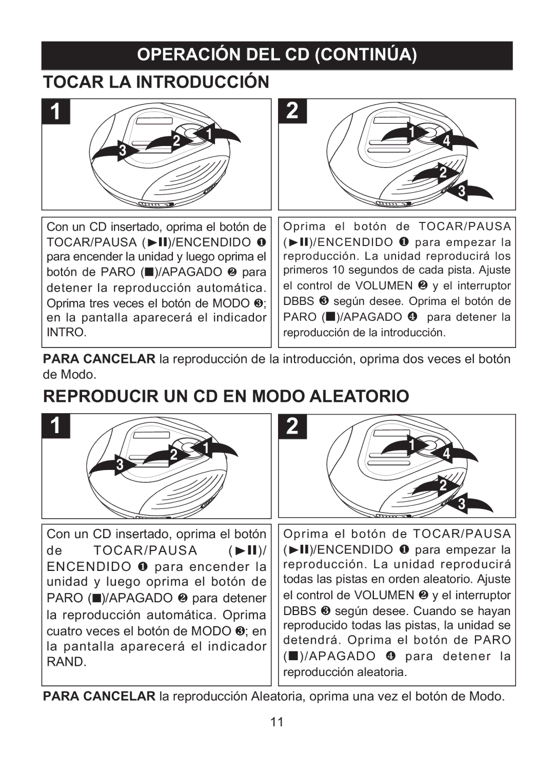 Memorex MD6460 manual Tocar LA Introducción, Reproducir UN CD EN Modo Aleatorio, Tocar/Pausa, Paro, Rand 