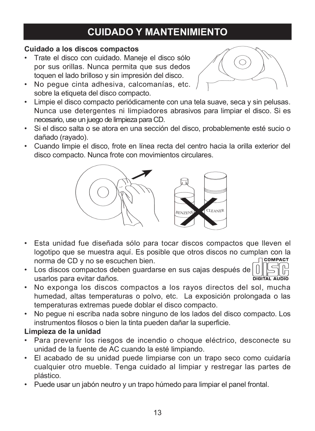 Memorex MD6460 manual Cuidado Y Mantenimiento, Cuidado a los discos compactos 