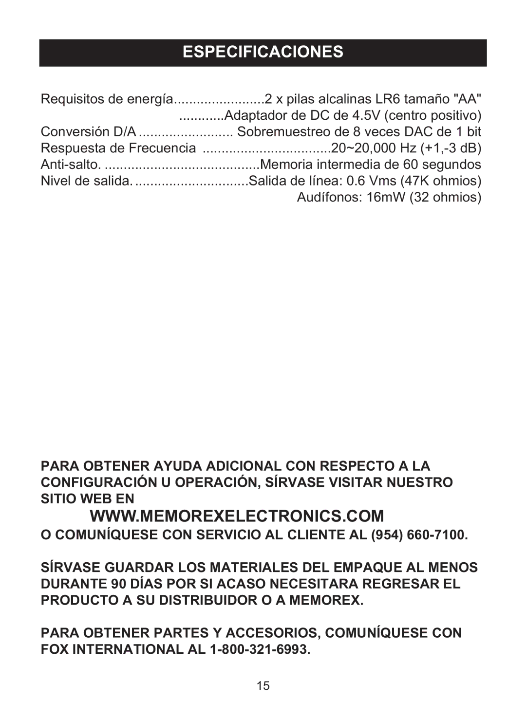 Memorex MD6460 manual Especificaciones 