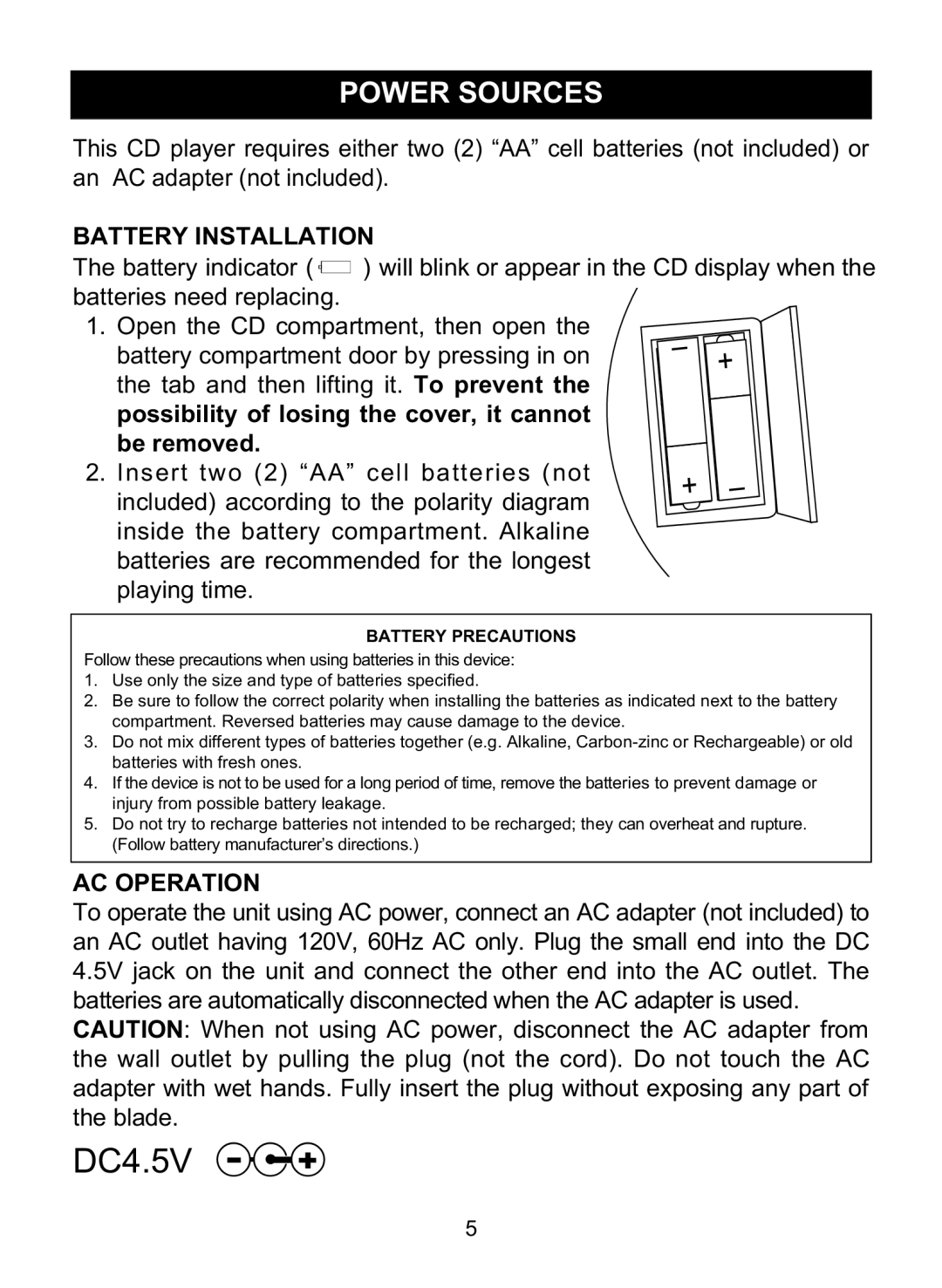 Memorex MD6460 manual Power Sources, Battery Installation, AC Operation 