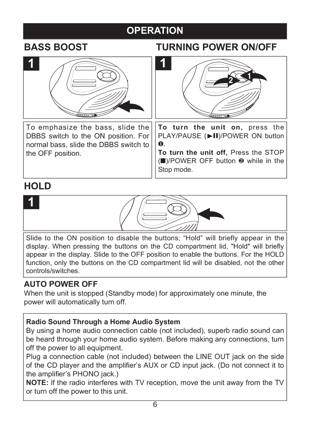 Memorex MD6460 manual Operation, Bass Boostturning Power ON/OFF, Hold, Auto Power OFF 